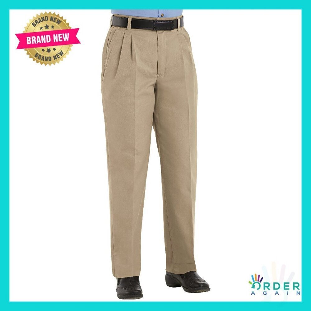 Pleated Twill Slacks Classic Tailored Straight Leg Work Pants Polycotton Blend